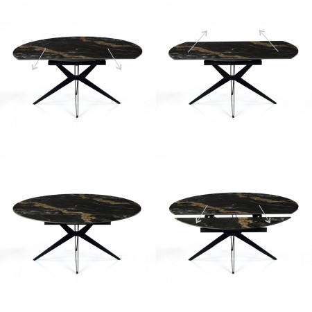 Tavolo allungabile rettangolare-rotondo IDA CALACATTA NERO basamento metallo Grigio piano ceramica finitura marmo Calacatta Nero