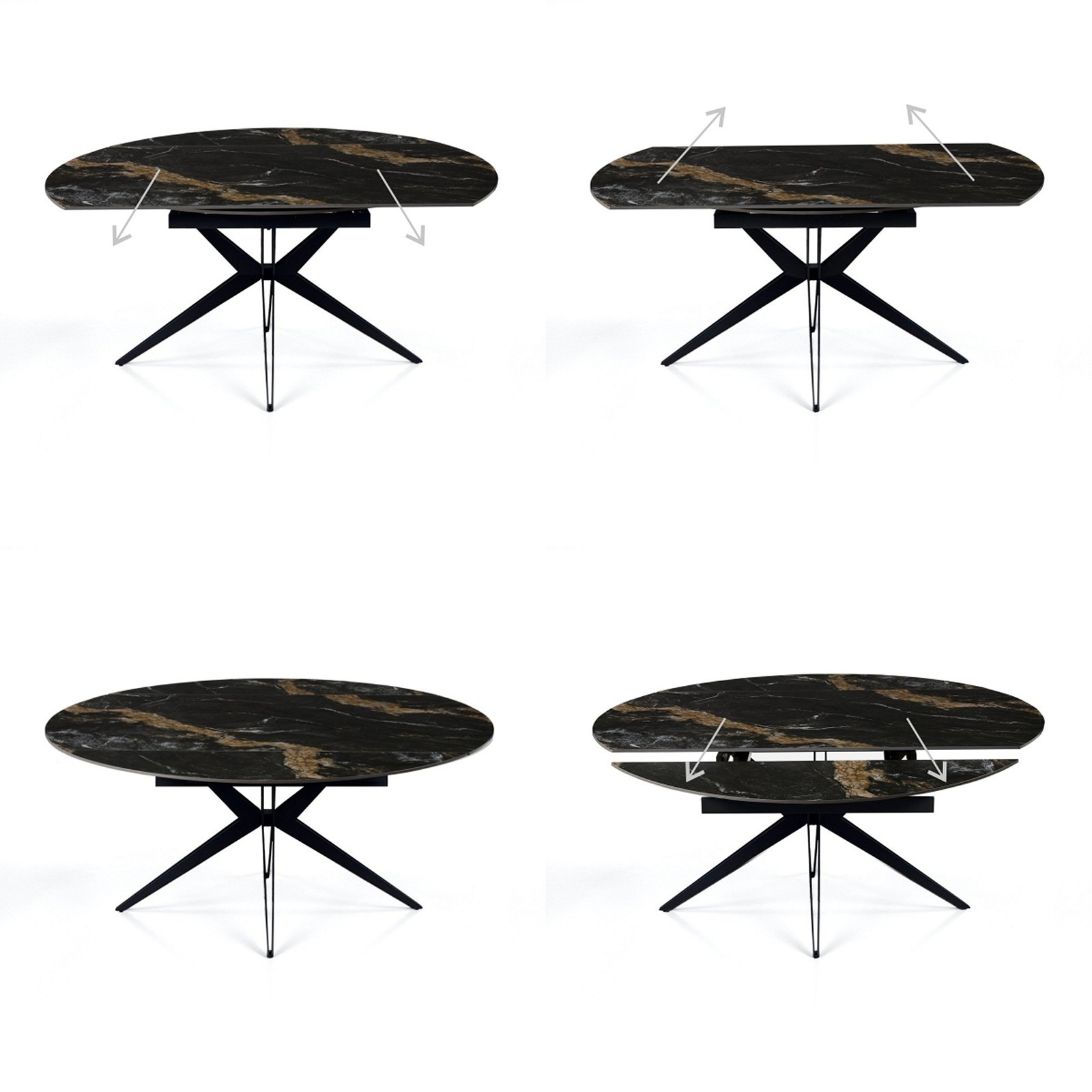 Tavolo allungabile rettangolare-rotondo IDA CALACATTA NERO basamento metallo Grigio piano ceramica finitura marmo Calacatta Nero