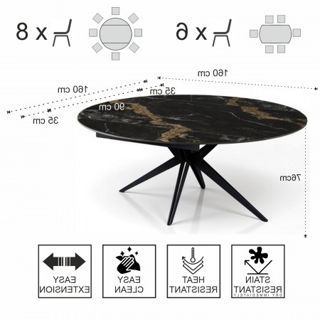 Tavolo allungabile rettangolare-rotondo IDA CALACATTA NERO basamento metallo Grigio piano ceramica finitura marmo Calacatta Nero