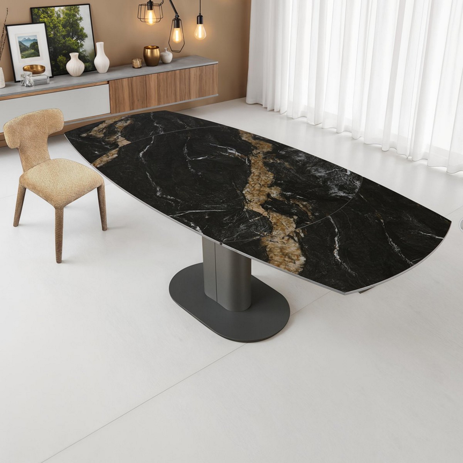 Tavolo allungabile RHINO MARMO CALACATTA NERO basamento metallo Grigio piano ceramica finitura Marmo Calacatta Nero