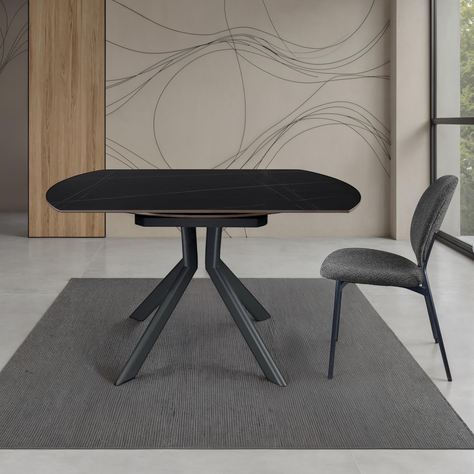 Tavolo allungabile rettangolare-rotondo  KATY  MARMO NERO basamento metallo Grigio piano ceramica finitura marmo Nero
