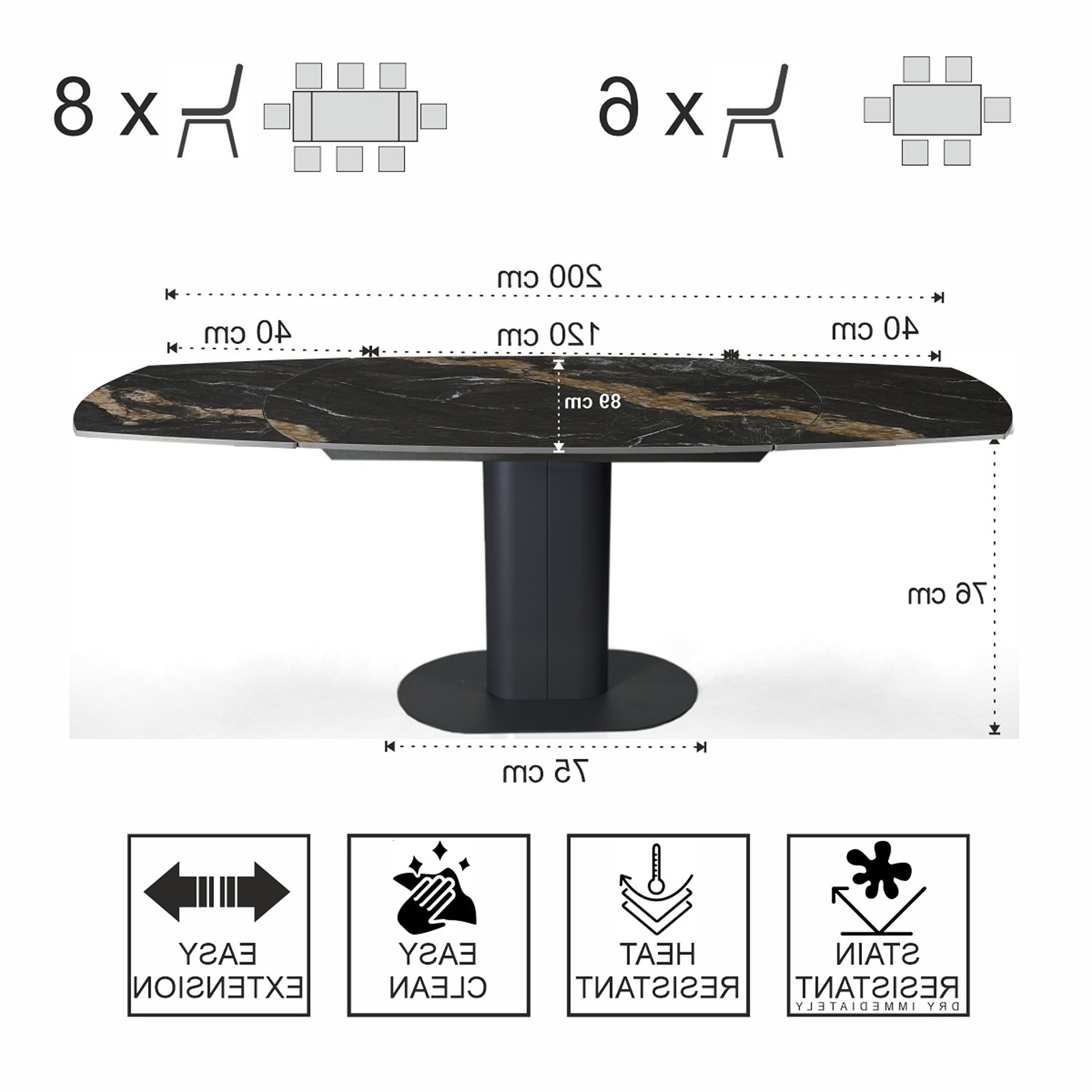 Tavolo allungabile RHINO MARMO CALACATTA NERO basamento metallo Grigio piano ceramica finitura Marmo Calacatta Nero