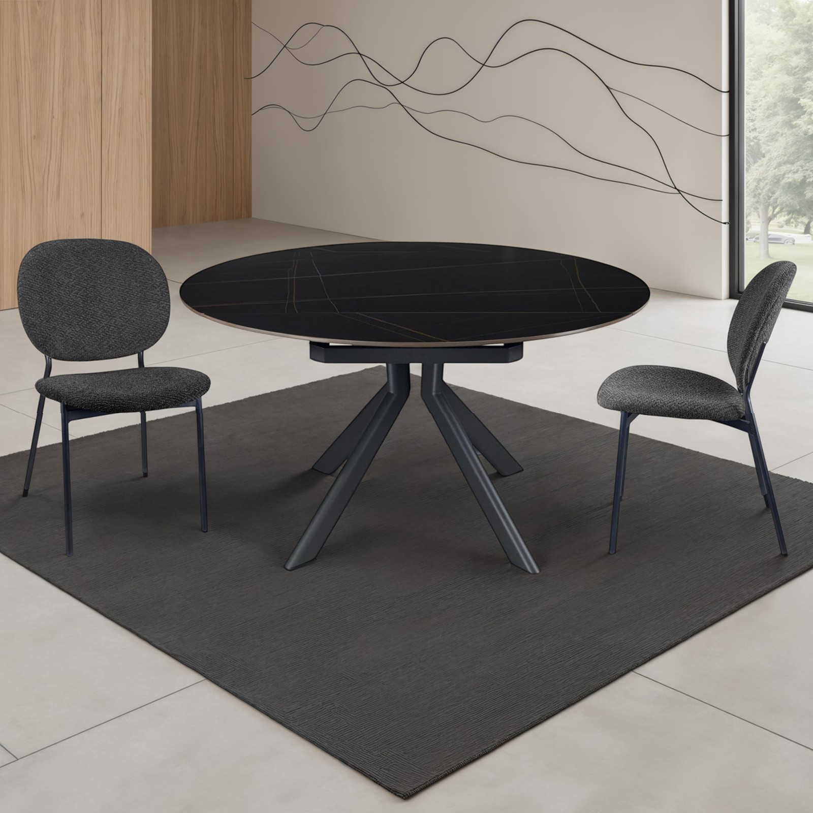 Tavolo allungabile rettangolare-rotondo  KATY  MARMO NERO basamento metallo Grigio piano ceramica finitura marmo Nero