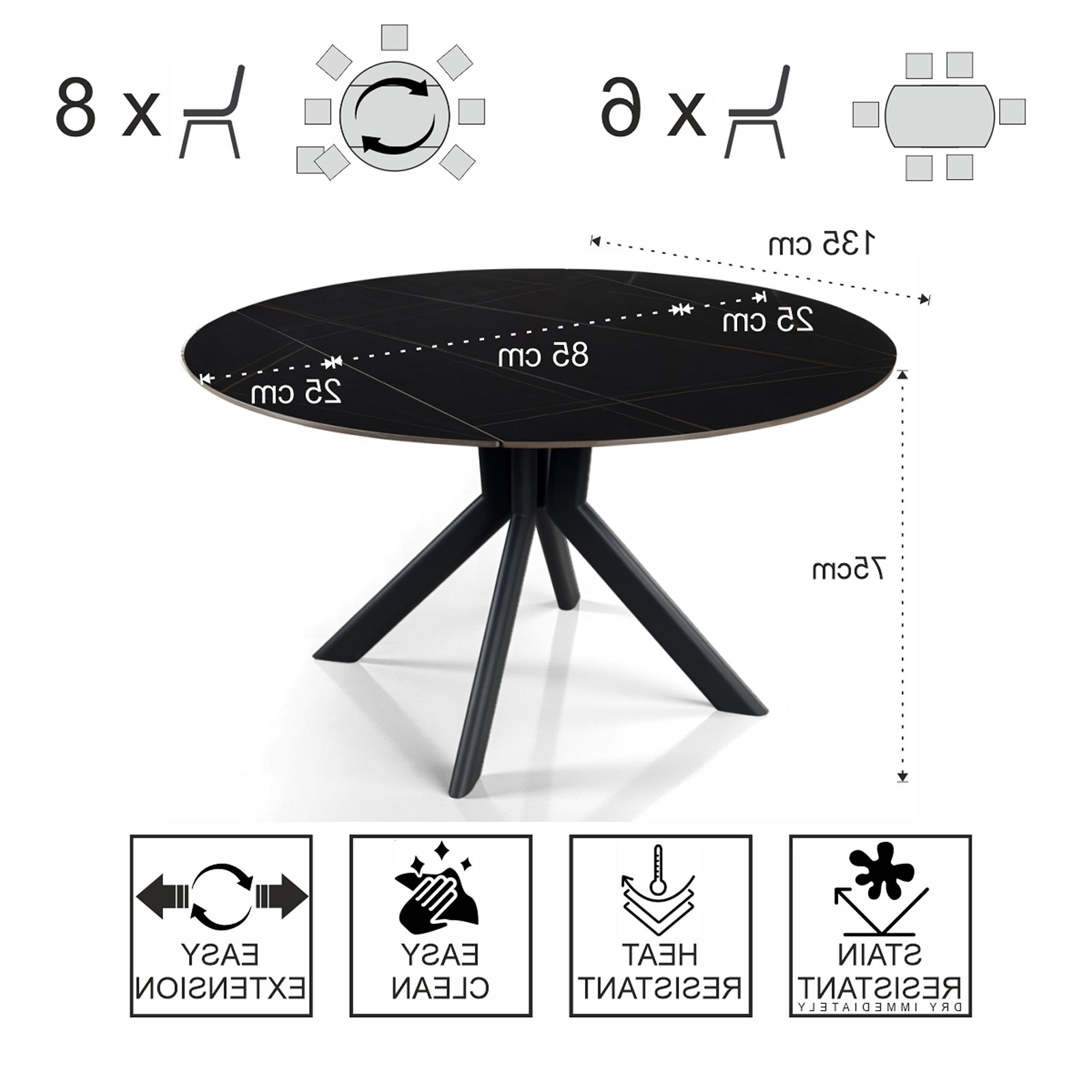 Tavolo allungabile rettangolare-rotondo  KATY  MARMO NERO basamento metallo Grigio piano ceramica finitura marmo Nero