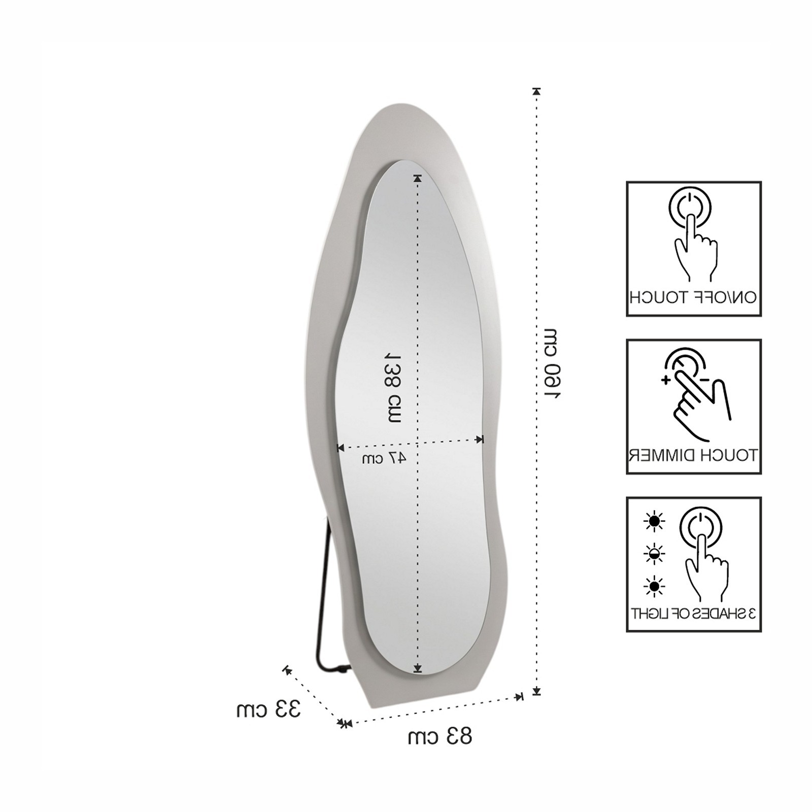 Specchio da terra KING 02 luce LED accensione Touch tre tonalità regolabili cm H160 L83 P33