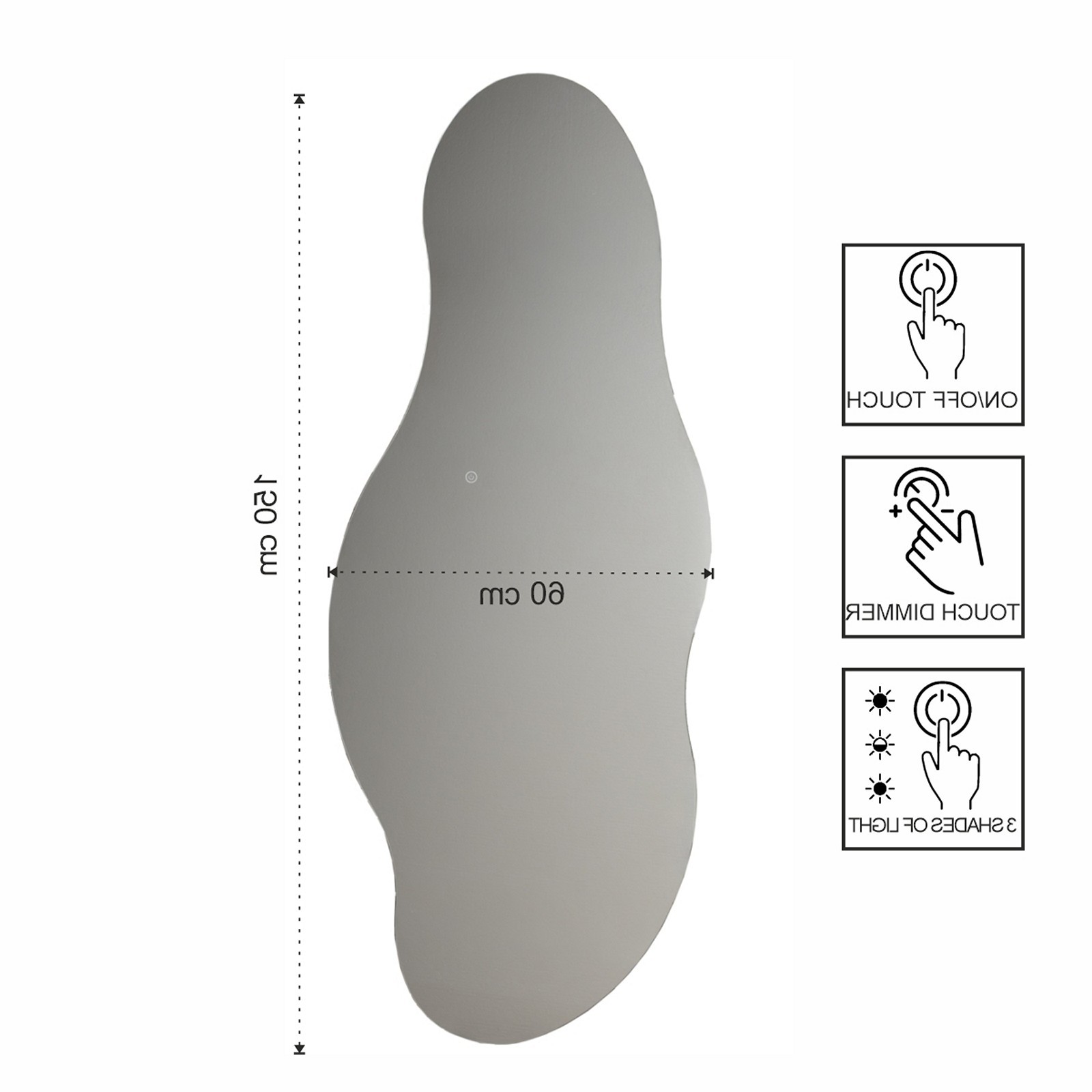 Specchio da parete KING 09 luce LED accensione Touch tre tonalità regolabili cm H150 L60 P1,9