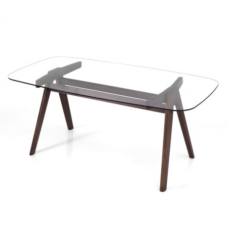 Tavolo / Scrivania RAMON in legno massello finitura Noce scuro con piano in vetro temprato trasparente sp. 10 mm H75 P100 L220