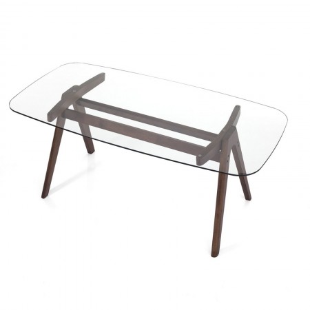 Tavolo / Scrivania RAMON in legno massello finitura Noce scuro con piano in vetro temprato trasparente sp. 10 mm H75 P100 L220