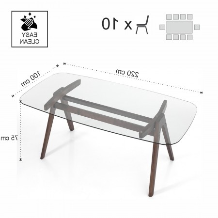 Tavolo / Scrivania RAMON in legno massello finitura Noce scuro con piano in vetro temprato trasparente sp. 10 mm H75 P100 L220
