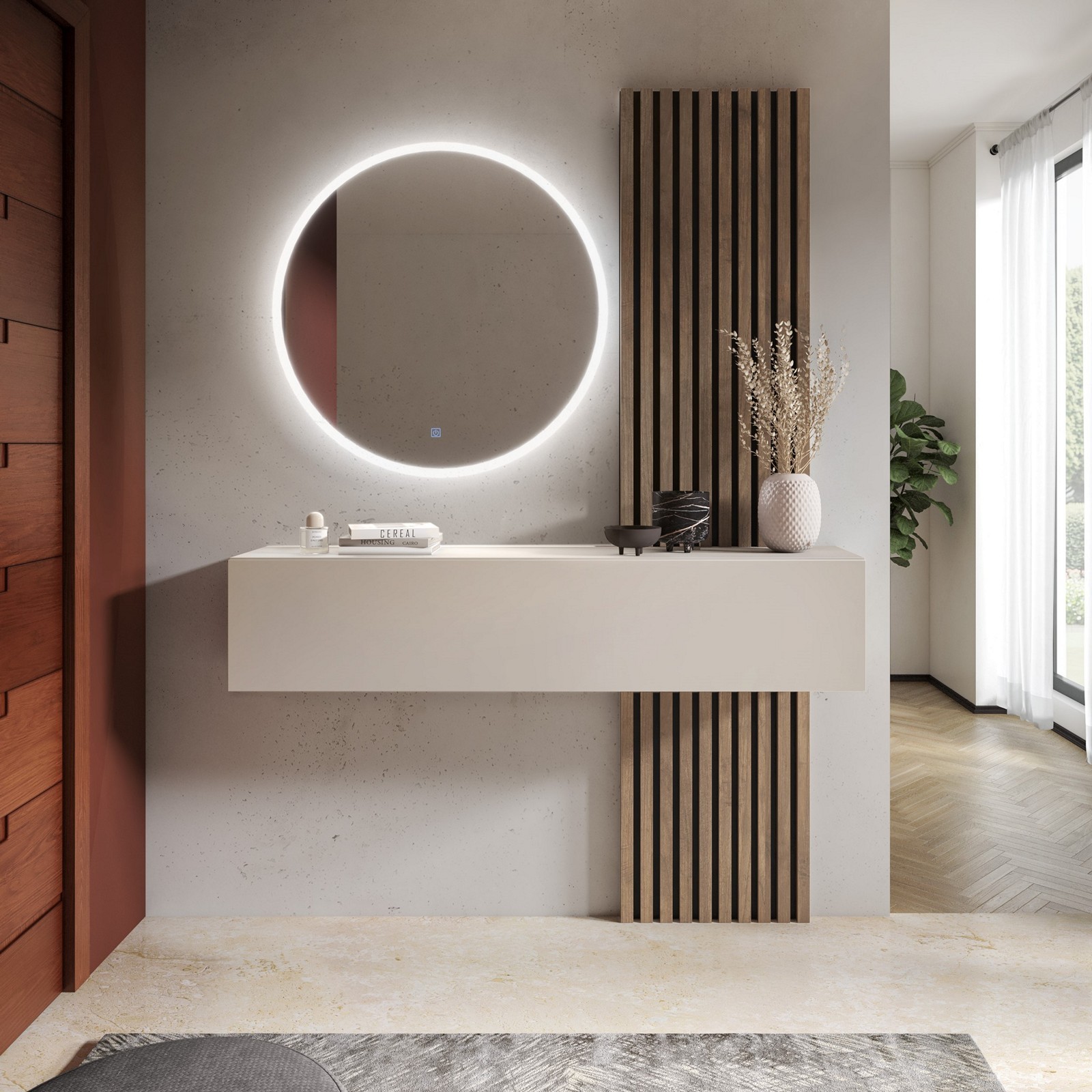 Ingresso NANA finitura Noce/Cashmere, pensile sospeso, pannelli dogati, specchio Ø80 cm e luce LED inclusa