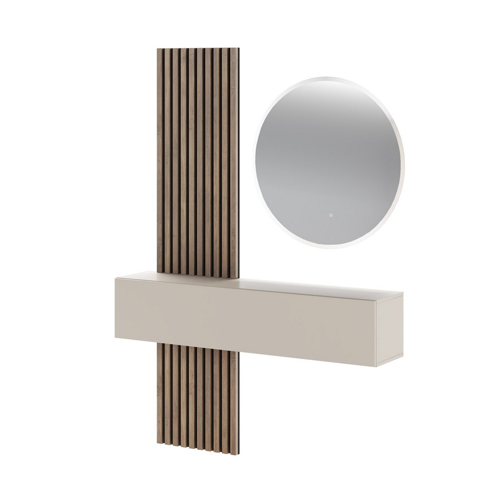 Ingresso NANA finitura Noce/Cashmere, pensile sospeso, pannelli dogati, specchio Ø80 cm e luce LED inclusa