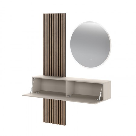 Ingresso NANA finitura Noce/Cashmere, pensile sospeso, pannelli dogati, specchio Ø80 cm e luce LED inclusa
