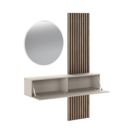Ingresso NANA finitura Noce/Cashmere, pensile sospeso, pannelli dogati, specchio Ø80 cm e luce LED inclusa