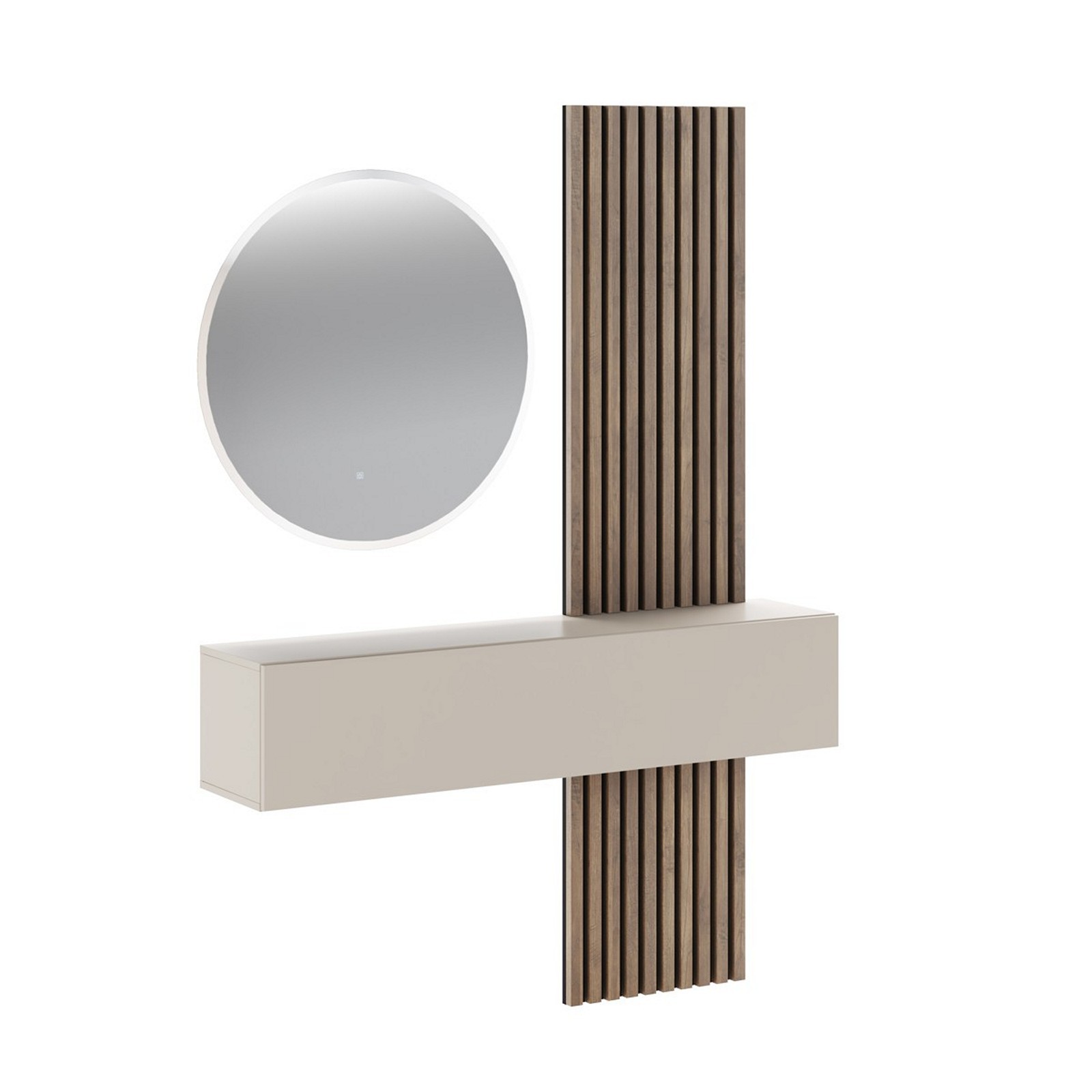 Ingresso NANA finitura Noce/Cashmere, pensile sospeso, pannelli dogati, specchio Ø80 cm e luce LED inclusa