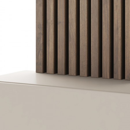 Ingresso NANA finitura Noce/Cashmere, pensile sospeso, pannelli dogati, specchio Ø80 cm e luce LED inclusa