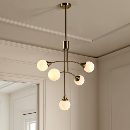 Lampadario POPE vetro e acciaio Ottone anticato opaco 5 sfere vetro Bianco opaco diametro 12 H85+44 diametro 60 E14