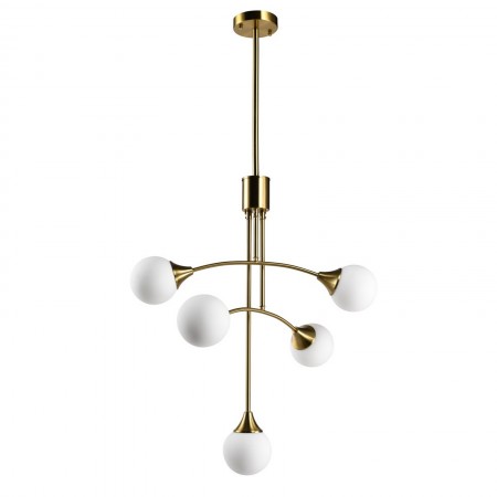 Lampadario POPE vetro e acciaio Ottone anticato opaco 5 sfere vetro Bianco opaco diametro 12 H85+44 diametro 60 E14