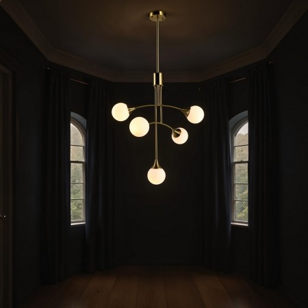 Lampadario POPE vetro e acciaio Ottone anticato opaco 5 sfere vetro Bianco opaco diametro 12 H85+44 diametro 60 E14