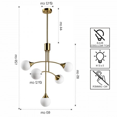 Lampadario POPE vetro e acciaio Ottone anticato opaco 5 sfere vetro Bianco opaco diametro 12 H85+44 diametro 60 E14