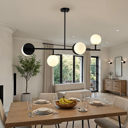 Lampadario ELENA vetro e acciaio Nero opaco 4 sfere vetro Bianco opaco diametro 15 H123 L106 P45 G9