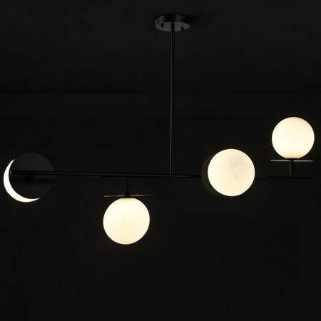 Lampadario ELENA vetro e acciaio Nero opaco 4 sfere vetro Bianco opaco diametro 15 H123 L106 P45 G9