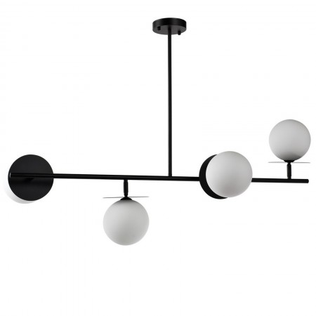 Lampadario ELENA vetro e acciaio Nero opaco 4 sfere vetro Bianco opaco diametro 15 H123 L106 P45 G9