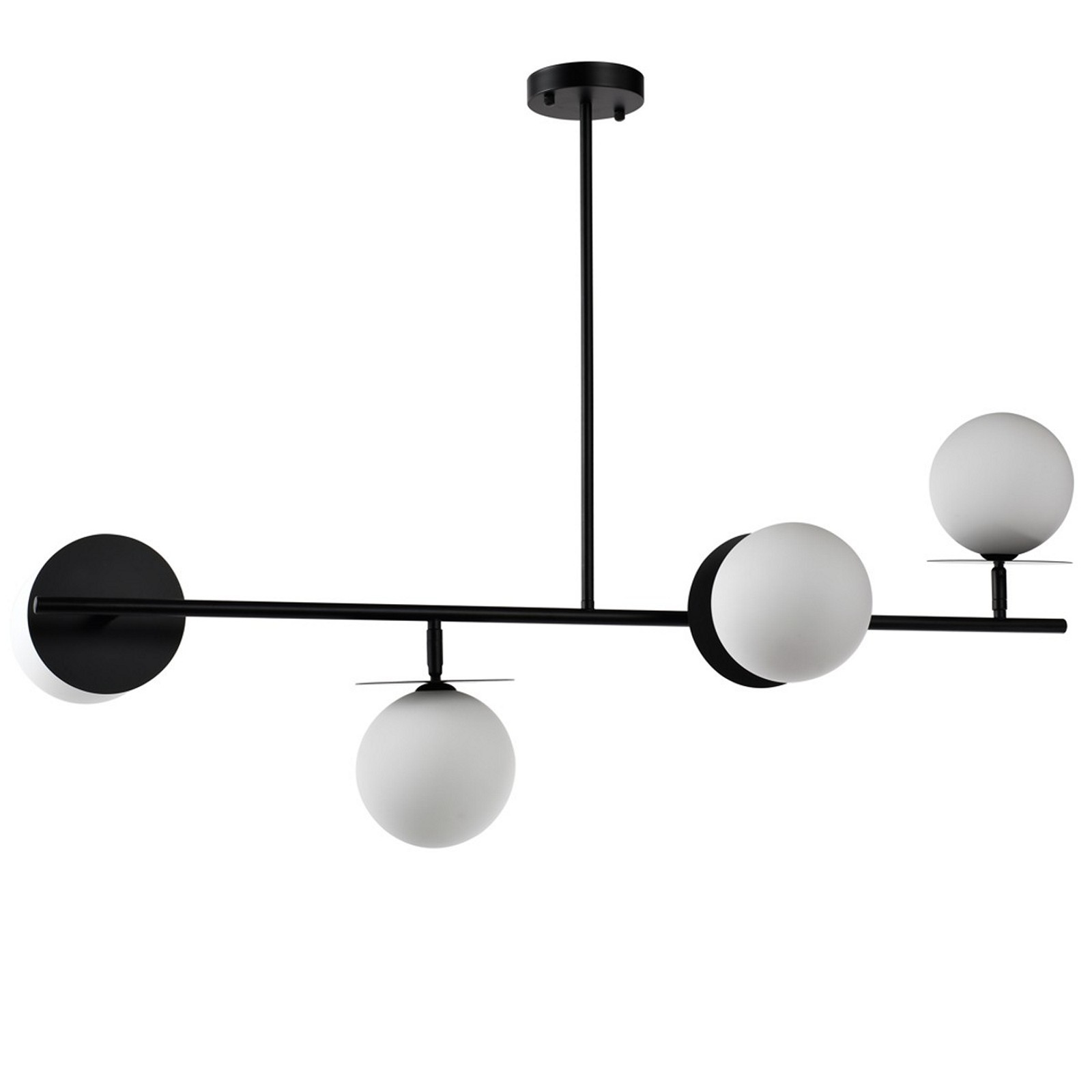 Lampadario ELENA vetro e acciaio Nero opaco 4 sfere vetro Bianco opaco diametro 15 H123 L106 P45 G9