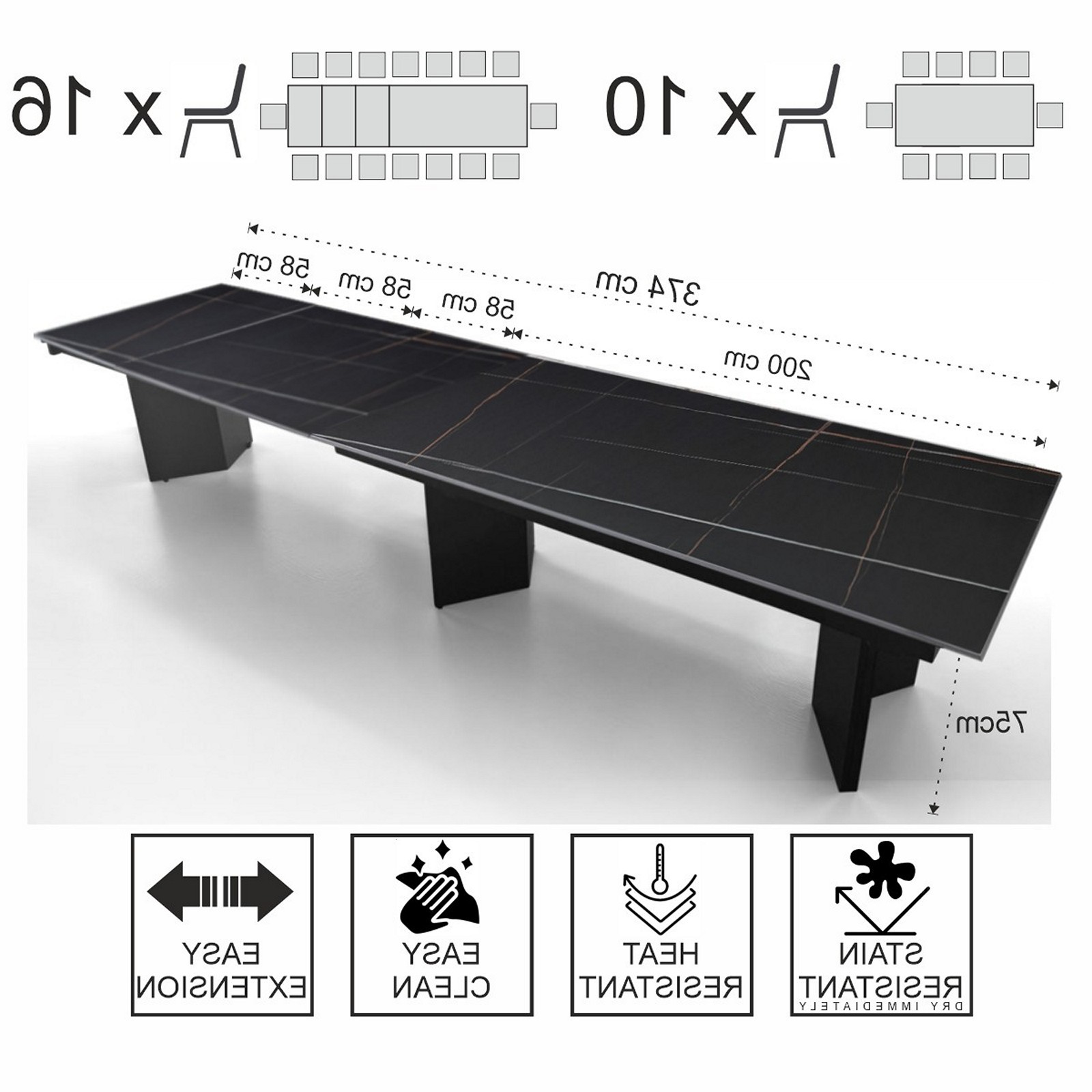 Tavolo allungabile MOMO MARMO NERO - GRIGIO metallo Grigio opaco piano ceramica marmo Nero opaco H75 P100 L200/258/316/374