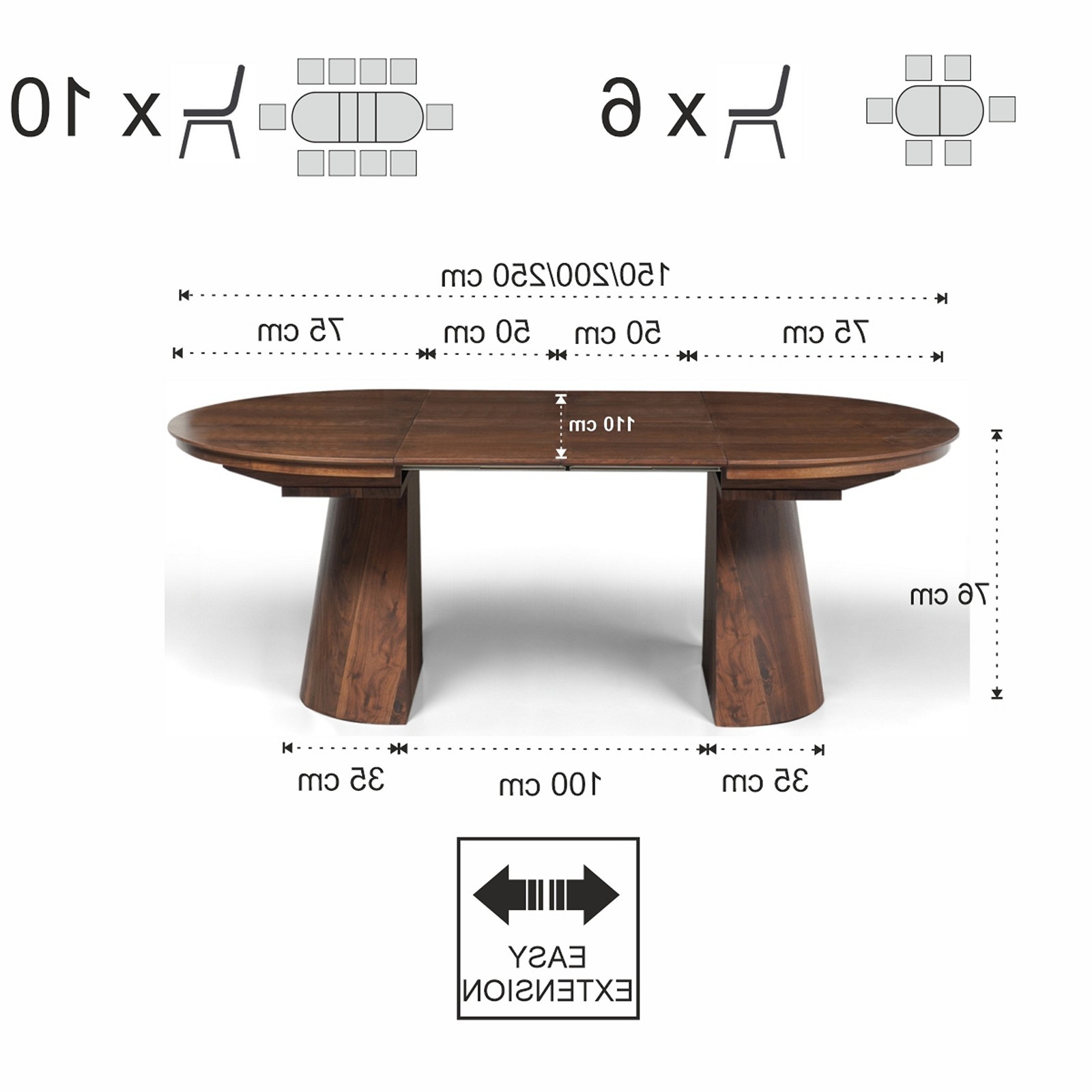Tavolo allungabile GEORGE NOCE piano MDF impiallacciato Noce gamba centrale MDF Noce H76 P110 L150/200/250
