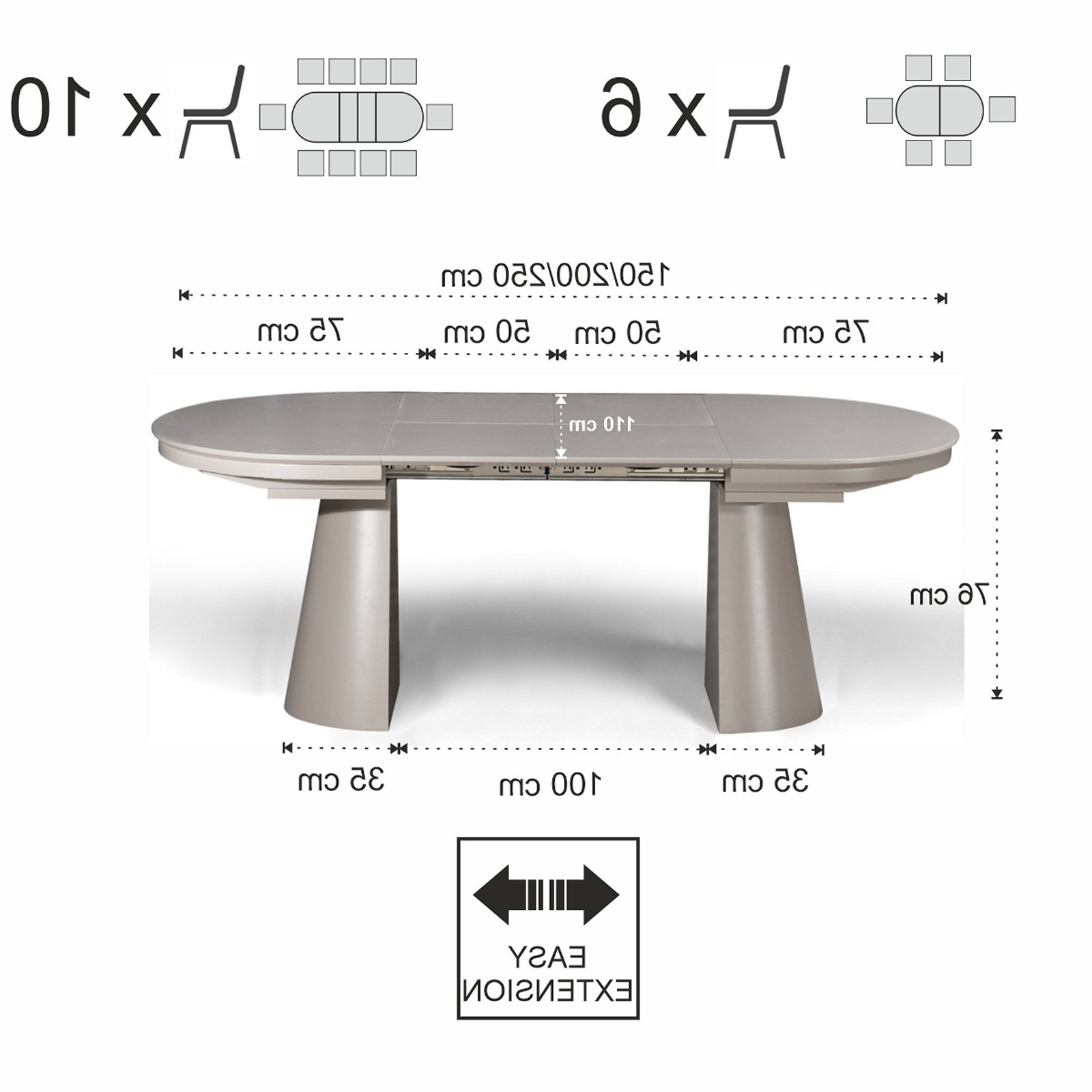 Tavolo allungabile GEORGE TORTORA piano MDF laccato Tortora opaco gamba centrale MDF Tortora opaco H76 P110 L150/200/250