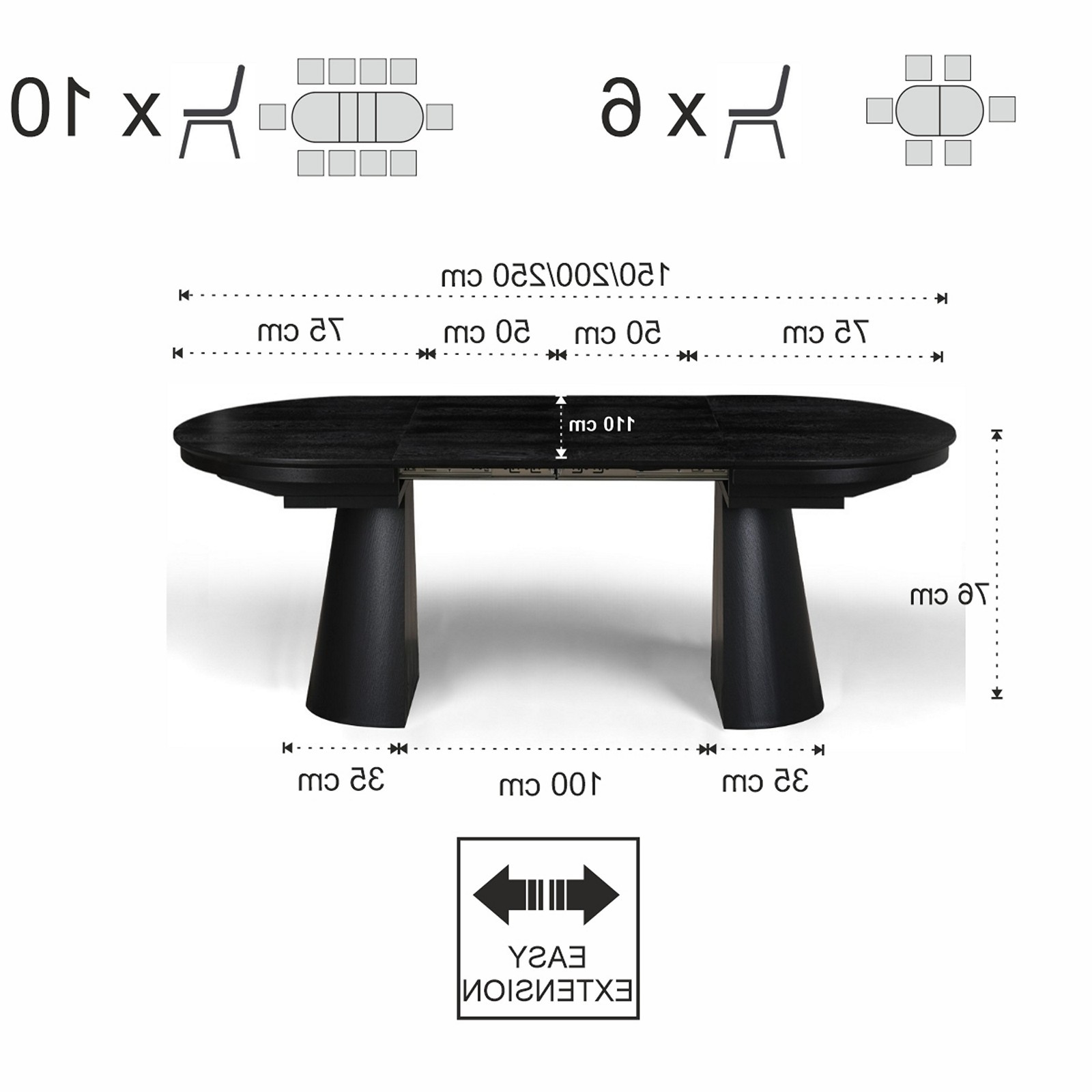 Tavolo allungabile GEORGE LEGNO NERO piano MDF impiallacciato legno Nero gamba centrale MDF legno Nero H76 P110 L150/200/250