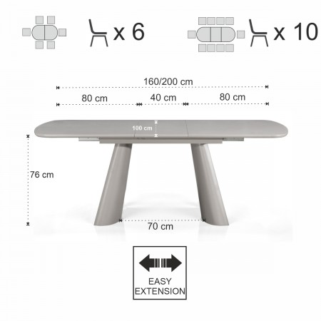 Tavolo allungabile PAUL TORTORA piano MDF laccato Tortora opaco gambe MDF Tortora opaco H76 P90 L160/200