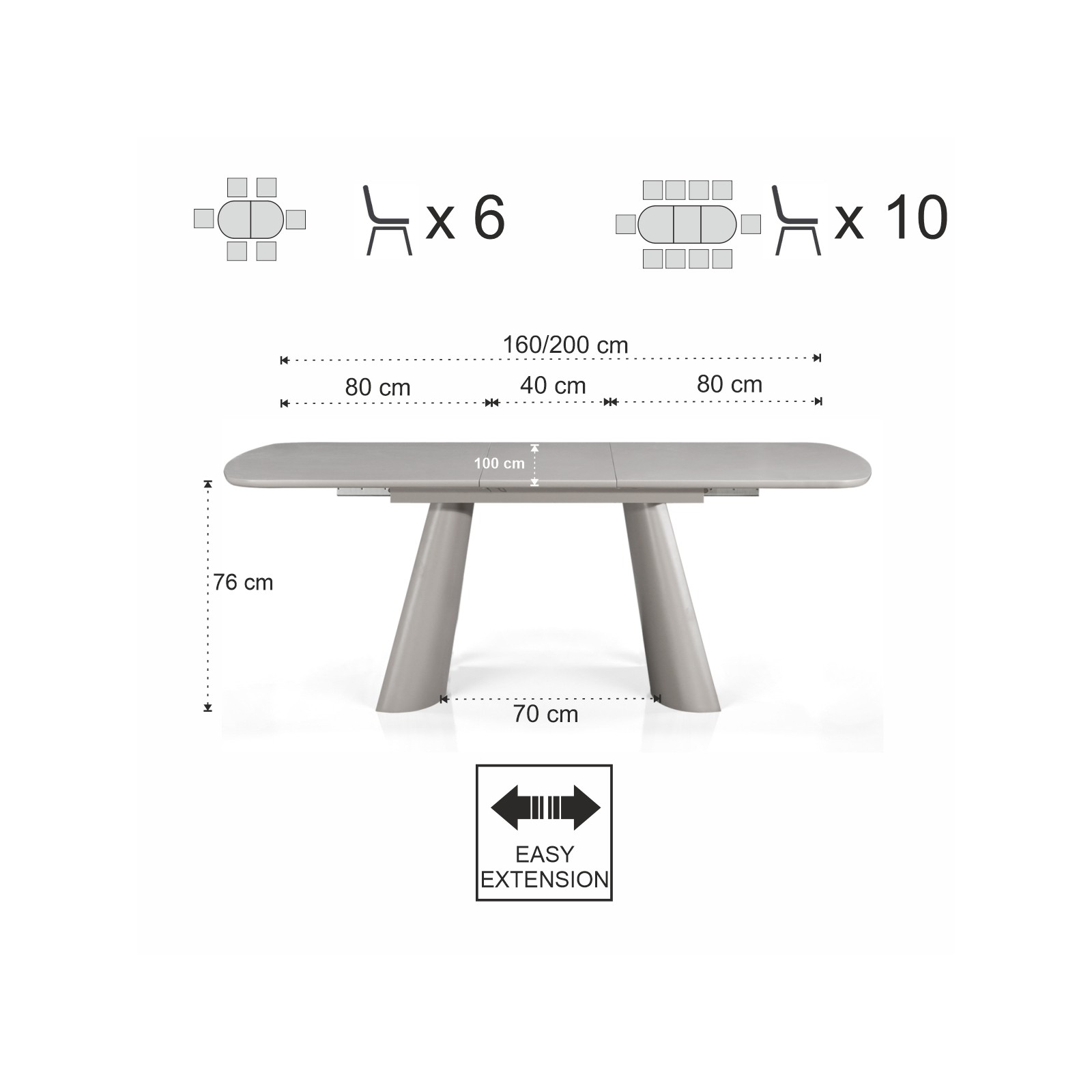 Tavolo allungabile PAUL TORTORA piano MDF laccato Tortora opaco gambe MDF Tortora opaco H76 P90 L160/200