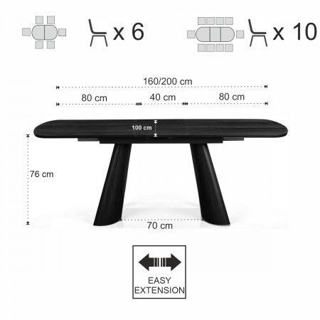 Tavolo allungabile PAUL LEGNO NERO piano MDF impiallacciato legno Nero gambe MDF legno Nero H76 P90 L160/200