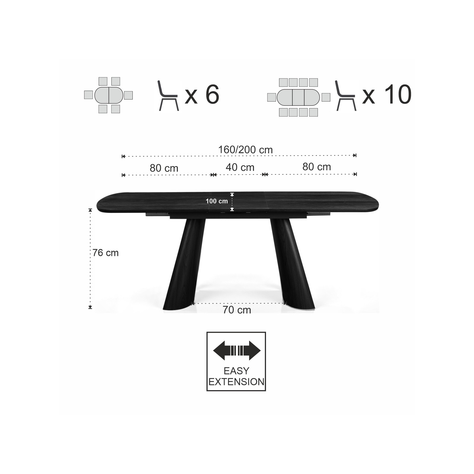 Tavolo allungabile PAUL LEGNO NERO piano MDF impiallacciato legno Nero gambe MDF legno Nero H76 P90 L160/200