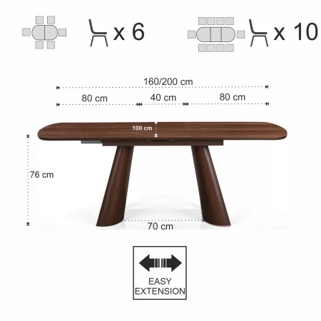 Tavolo allungabile PAUL NOCE piano MDF impiallacciato Noce gambe MDF Noce H76 P90 L160/200