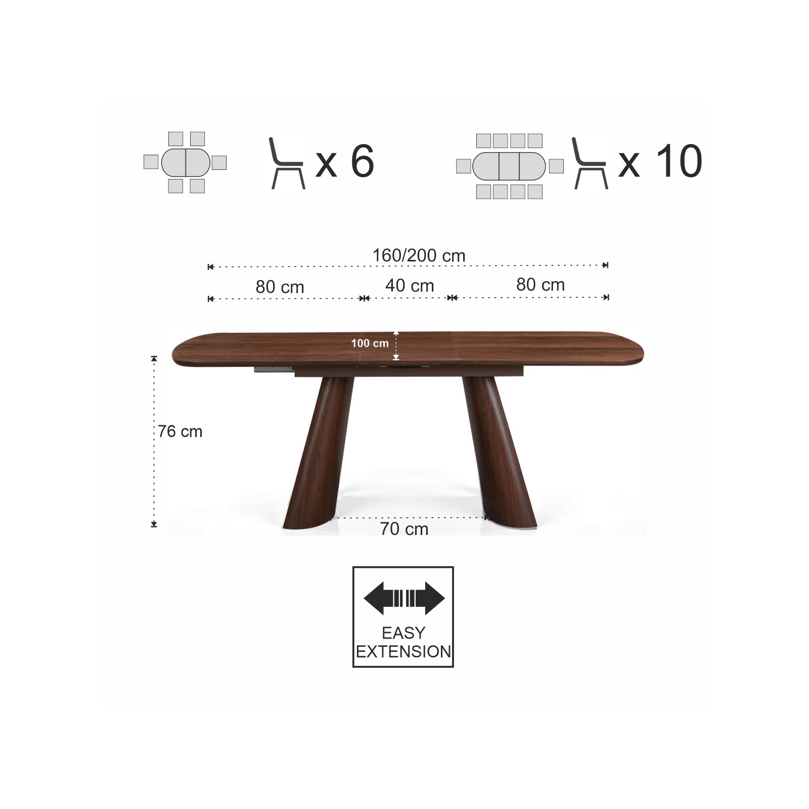 Tavolo allungabile PAUL NOCE piano MDF impiallacciato Noce gambe MDF Noce H76 P90 L160/200