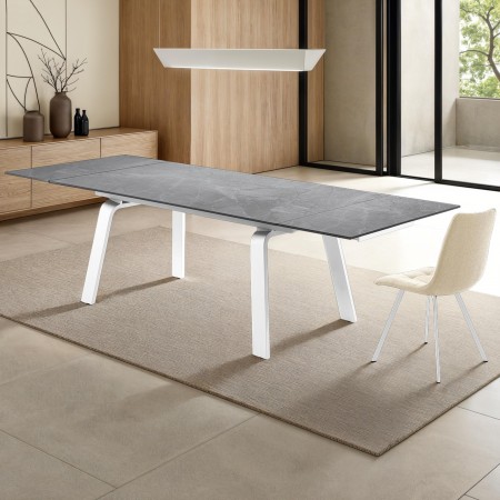 Tavolo Allungabile Theo Grey Marble in ceramica finitura Marmo Grigio opaco e acciaio Bianco opaco, 160-240x90 cm