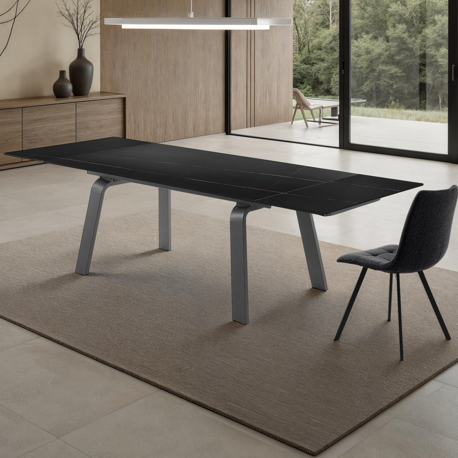 Tavolo allungabile THEO BLACK MARBLE acciaio Grigio opaco piano ceramica finitura Marmo Nero opaco, 160-200-240 x 90 cm