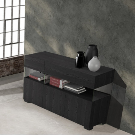 Madia New York Black Wood 3 ante 2 cassetti finitura Rovere Nero e Vetro, 129x40xh81 cm