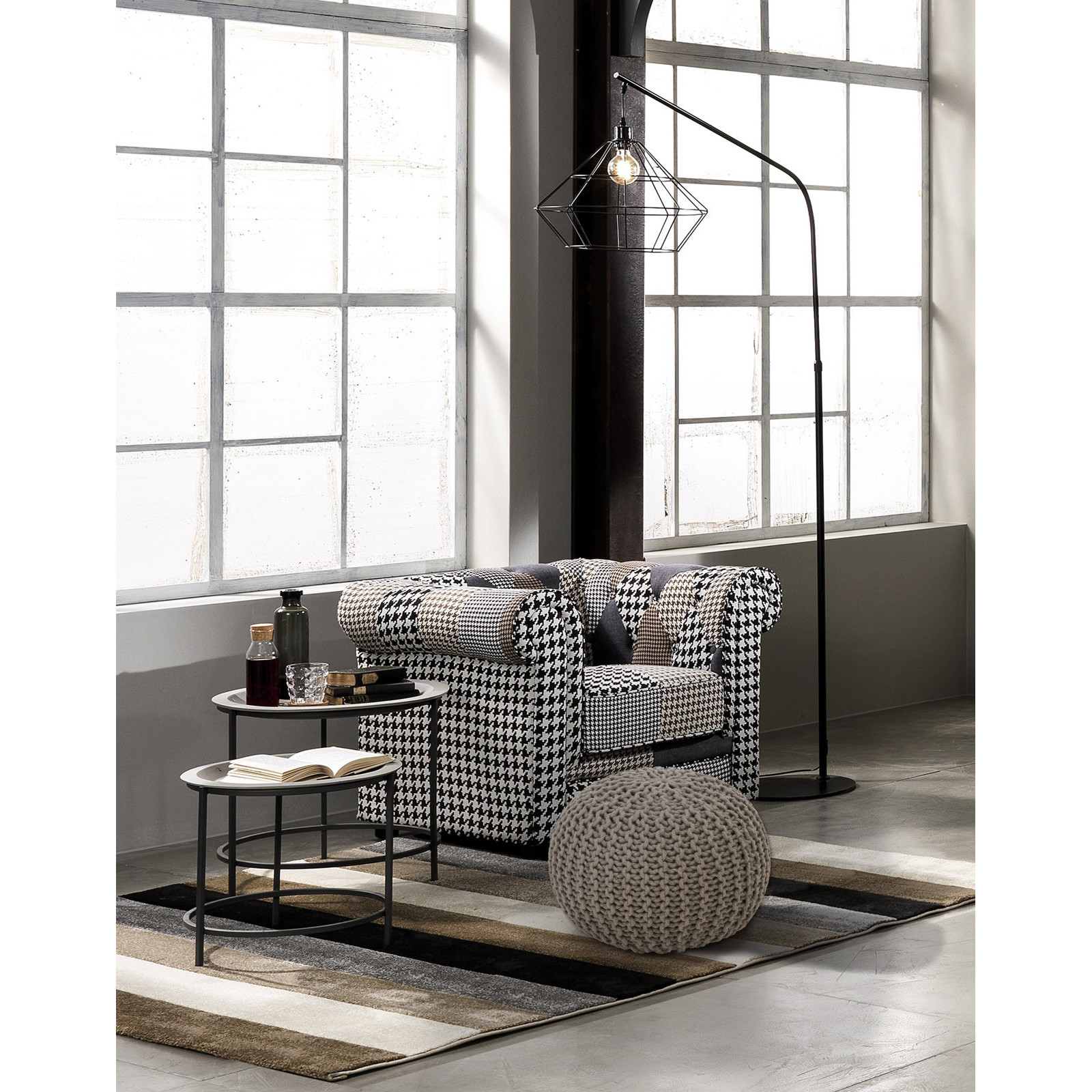 Pouf Sabine Beige 100% cotone Beige, d43xh34 cm