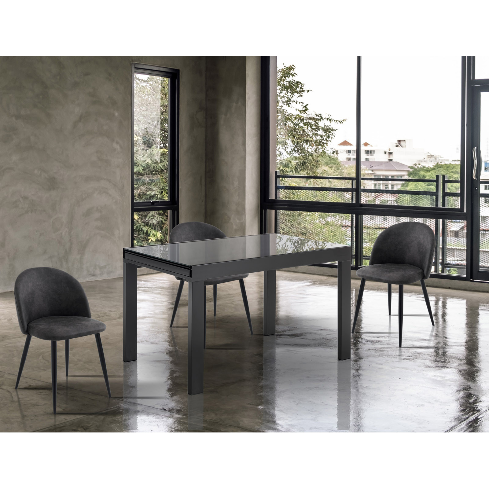 Tavolo Allungabile in Vetro temprato Hektor Grey Top verniciato Grigio e base in acciaio Grigio opaco, 120-150-180 x 80 cm