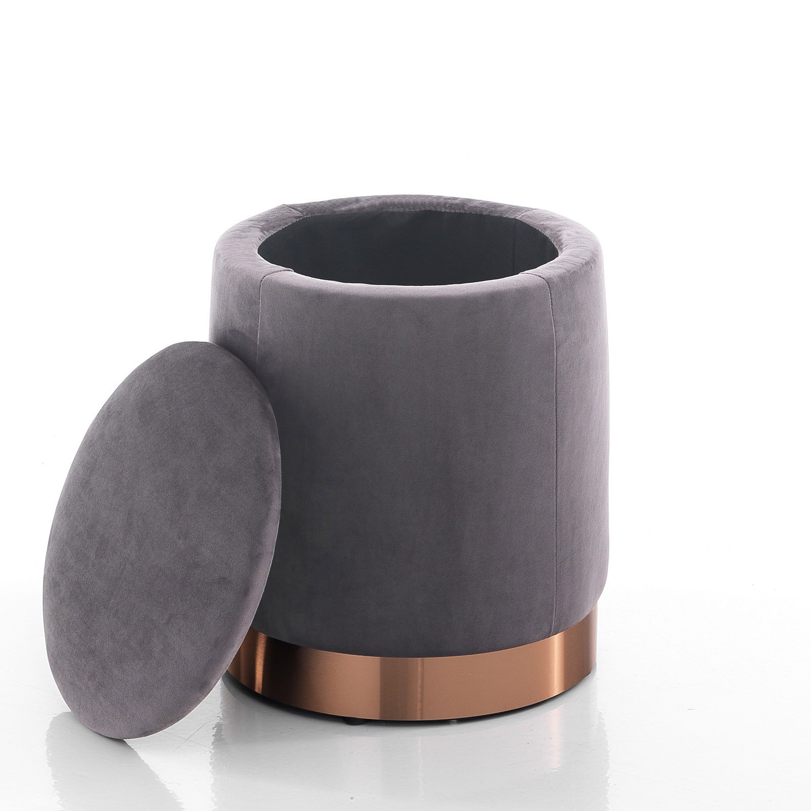 Pouf Imbottito Contenitore Ella Grey in microfibra effetto velluto Grigio e metallo Rose Gold, d31xh38 cm