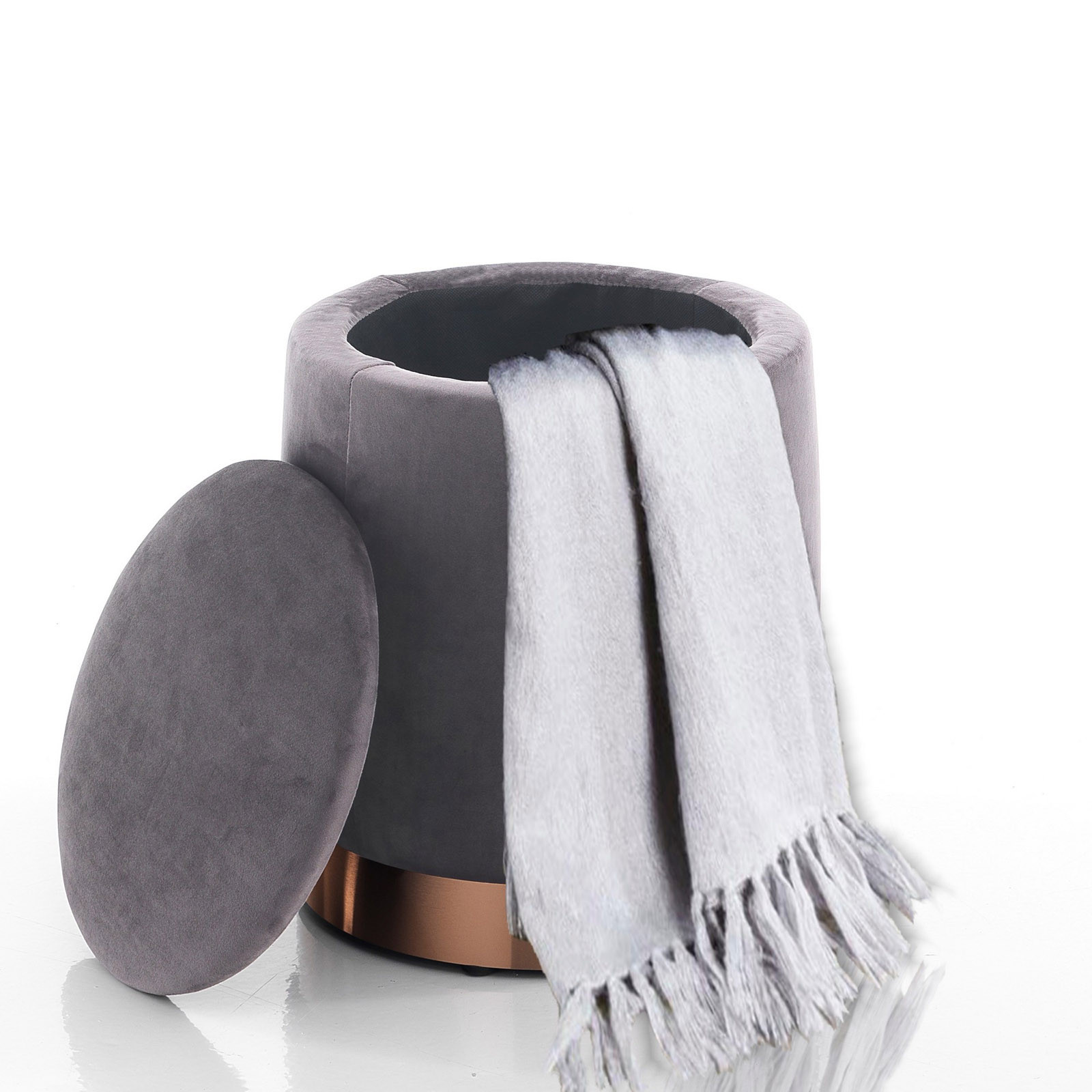 Pouf Imbottito Contenitore Ella Grey in microfibra effetto velluto Grigio e metallo Rose Gold, d31xh38 cm