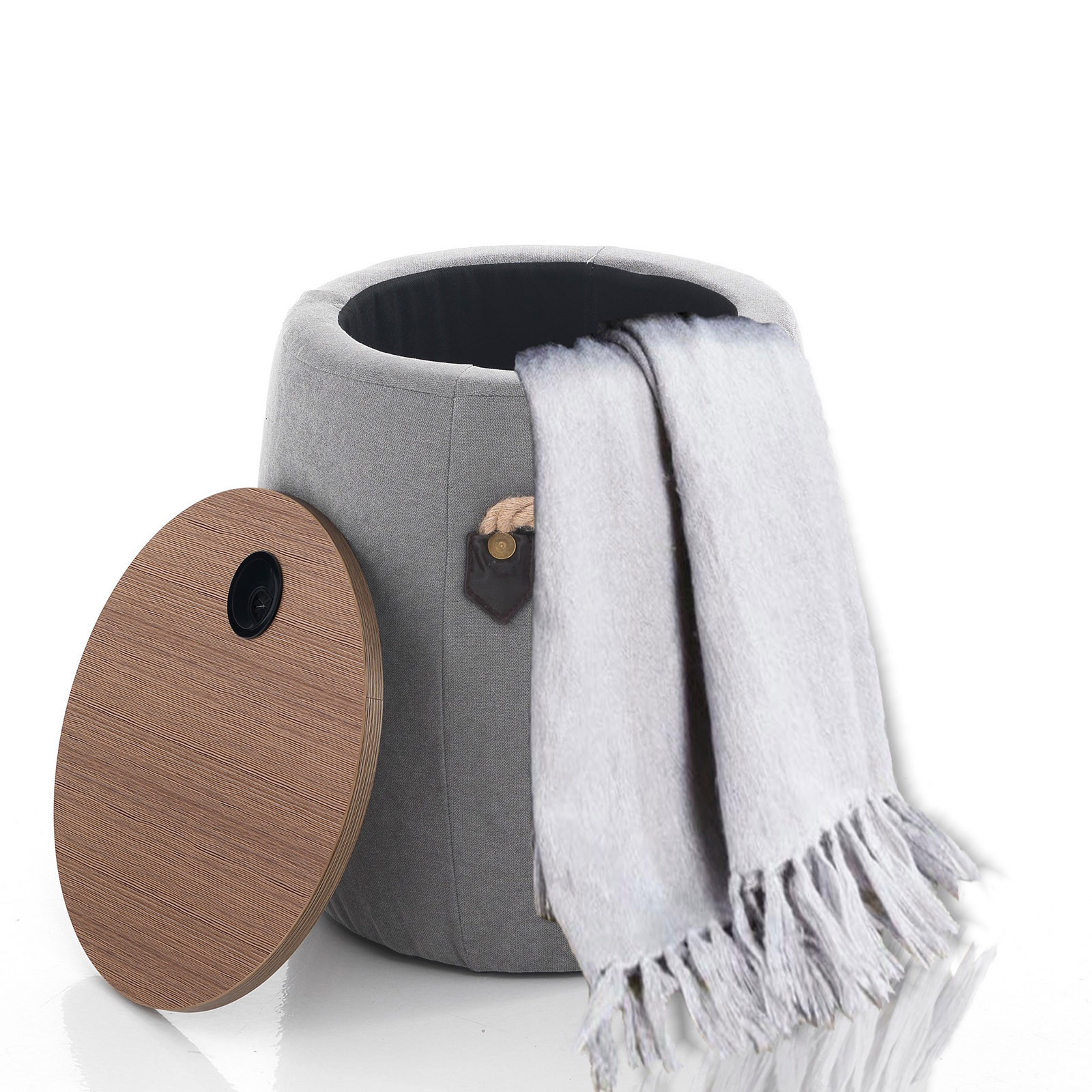 Pouf Contenitore Raffa Grey in tessuto Grigio e legno finitura Rovere