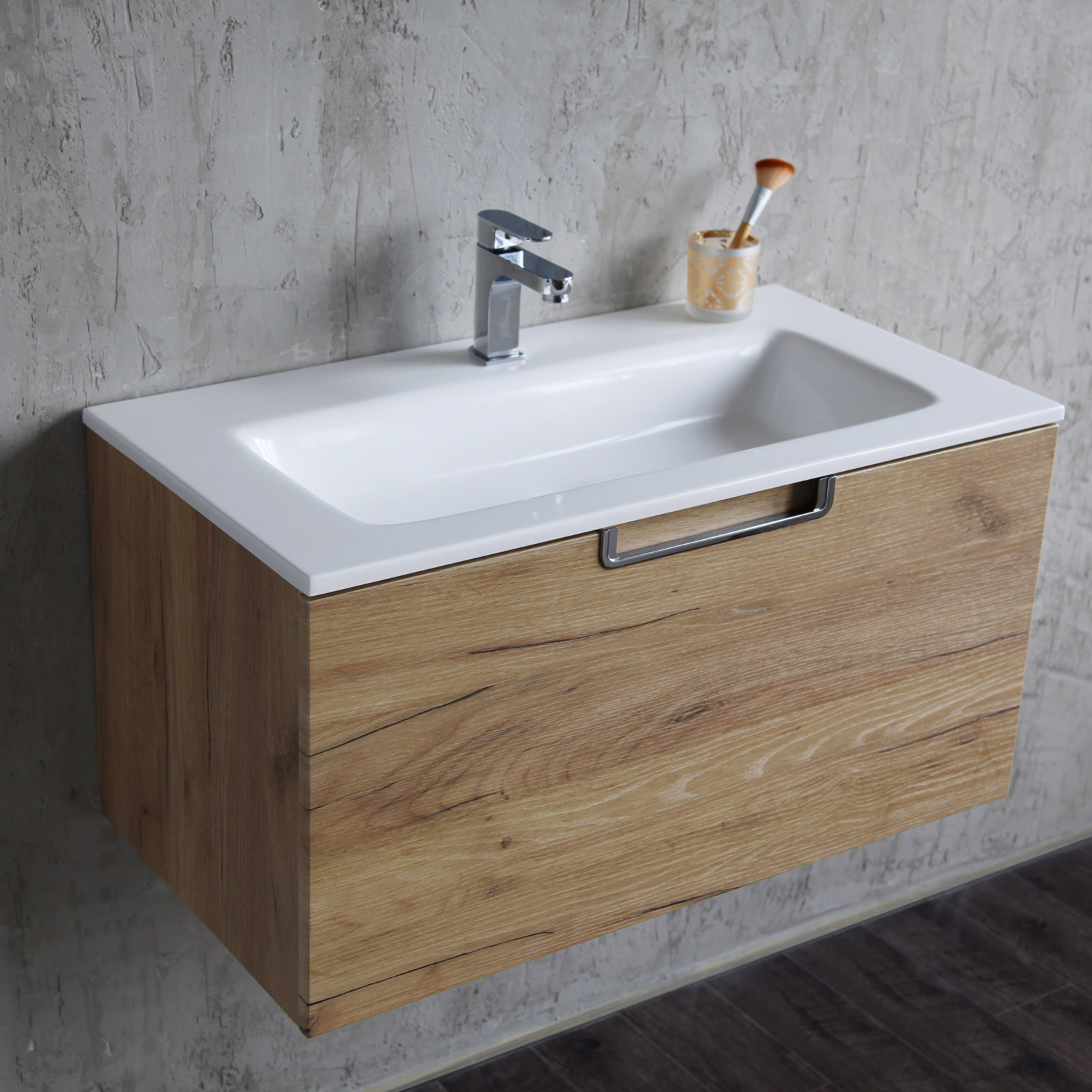 Mobile Bagno base sospesa impiallacciato Rovere con lavello e cestone