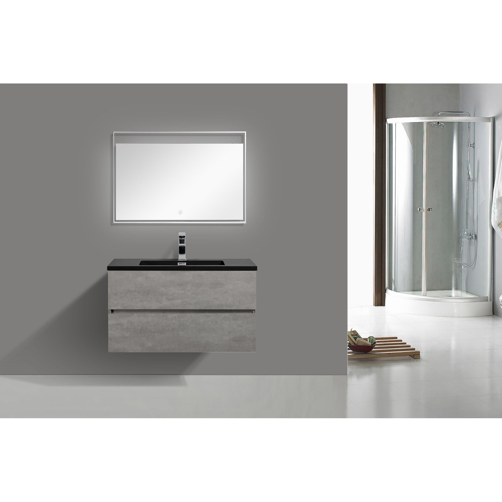 Mobile Bagno base sospesa Miria Black Cement 90 finitura Grigio Cemento 2 cestoni e lavello Nero, 90x47.5xh52 cm