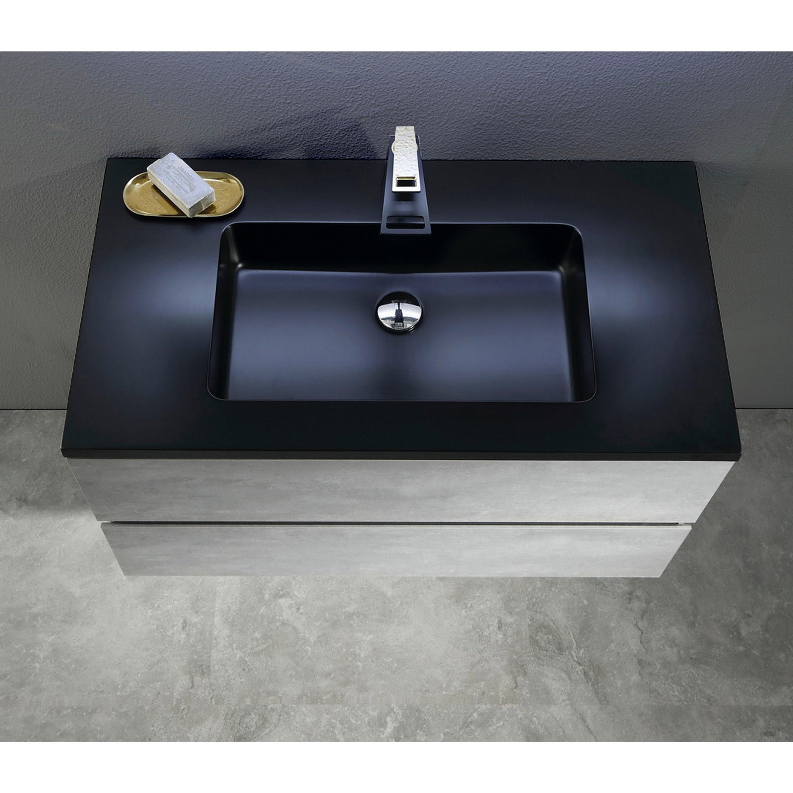 Mobile Bagno base sospesa Miria Black Cement 90 finitura Grigio Cemento 2 cestoni e lavello Nero, 90x47.5xh52 cm