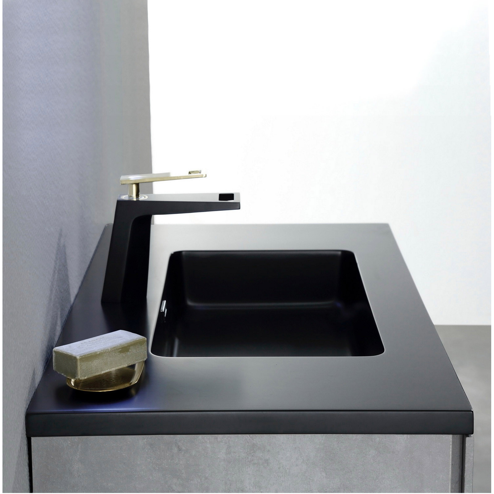 Mobile Bagno base sospesa Miria Black Cement 90 finitura Grigio Cemento 2 cestoni e lavello Nero, 90x47.5xh52 cm