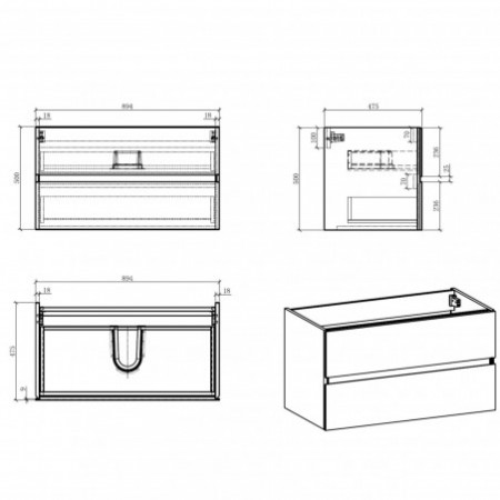 Mobile Bagno base sospesa Miria Black Cement 90 finitura Grigio Cemento 2 cestoni e lavello Nero, 90x47.5xh52 cm